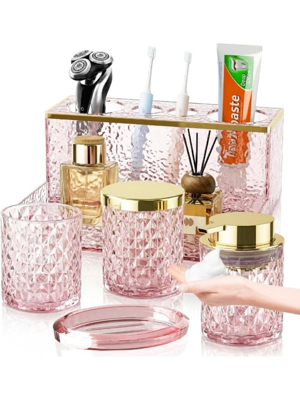 Elegant 5-Piece Pink Crystal Bathroom Accessories Set - Soap Dispenser
